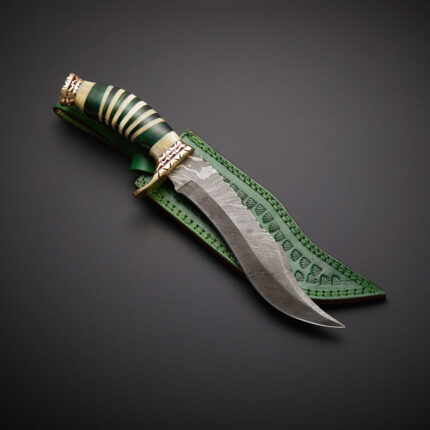 Hunting Bowie Knife Damascus Steel Blade Resin Handle With Leather Sheath.