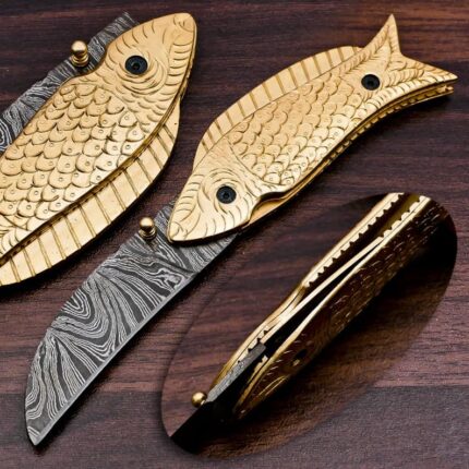 Beautiful Fish Folding Knife Damascus Steel Blade Brass Handle With Cover