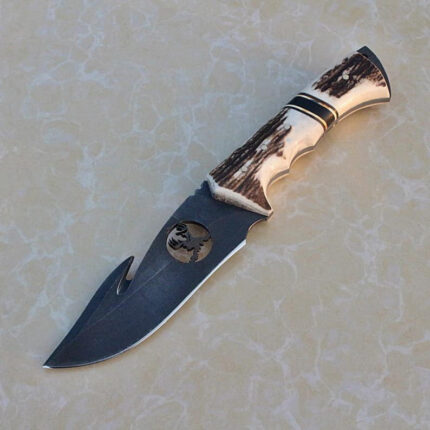Custom Handmade Hook Knife Carbon Steel Blade Stag horn Handle With Leather Sheath