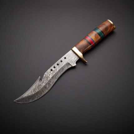 Damascus Hunting Bowie Knife Pukka Wood With Leather Sheath.
