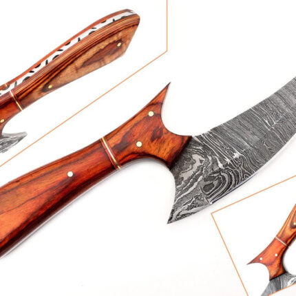 Chef Kitchen Cleaver Knife Damascus Steel Blade Rose Wood With Leather Sheath