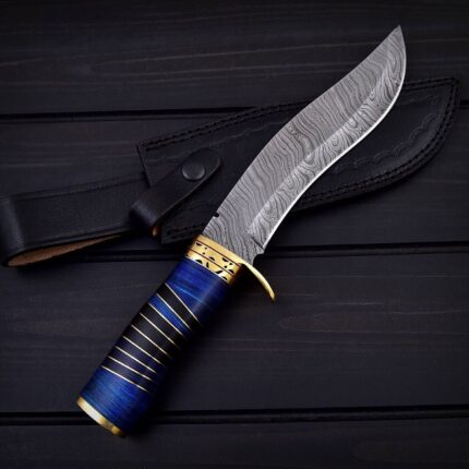 Traditional Damascus Steel Bowie knife Resin Handle with Leather sheath.