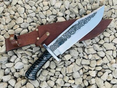 Hunting Knife With Stylish Etching On Blade With Leather Sheath