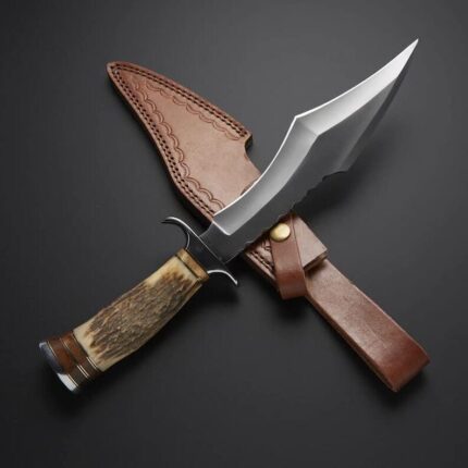 Hunting Knife Carbon Steel Blade Stag Horn Handle With Leather Sheath