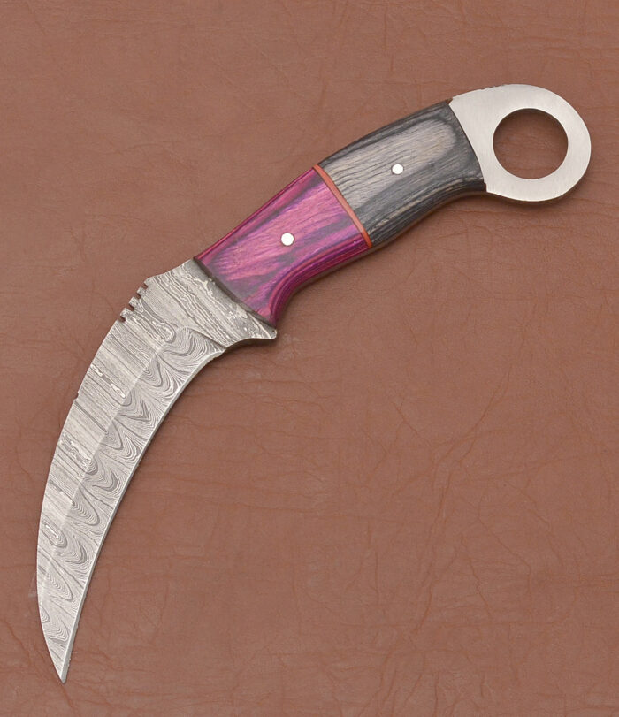 Karambit Knife Pakka Wood Handle Damascus Steel + Leather Sheath