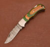 Handmade Folding Knife Damascus Steel Blade With Leather Sheath