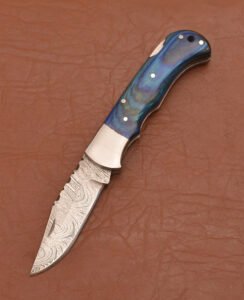 Folding Knife Damascus Steel Blade Pakka Wood Handle + Leather Sheath