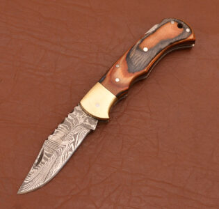 Folding Knife Pakka Wood Handle With Leather Sheath
