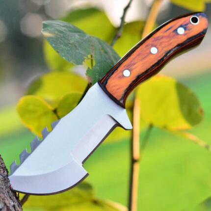 Survival Tracker Knife Stainless Steel Blade Pakka Wood Handle With Leather Sheath
