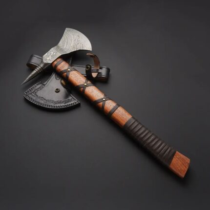 Tomahawk Damascus Steel Axe With Black Leather Cover