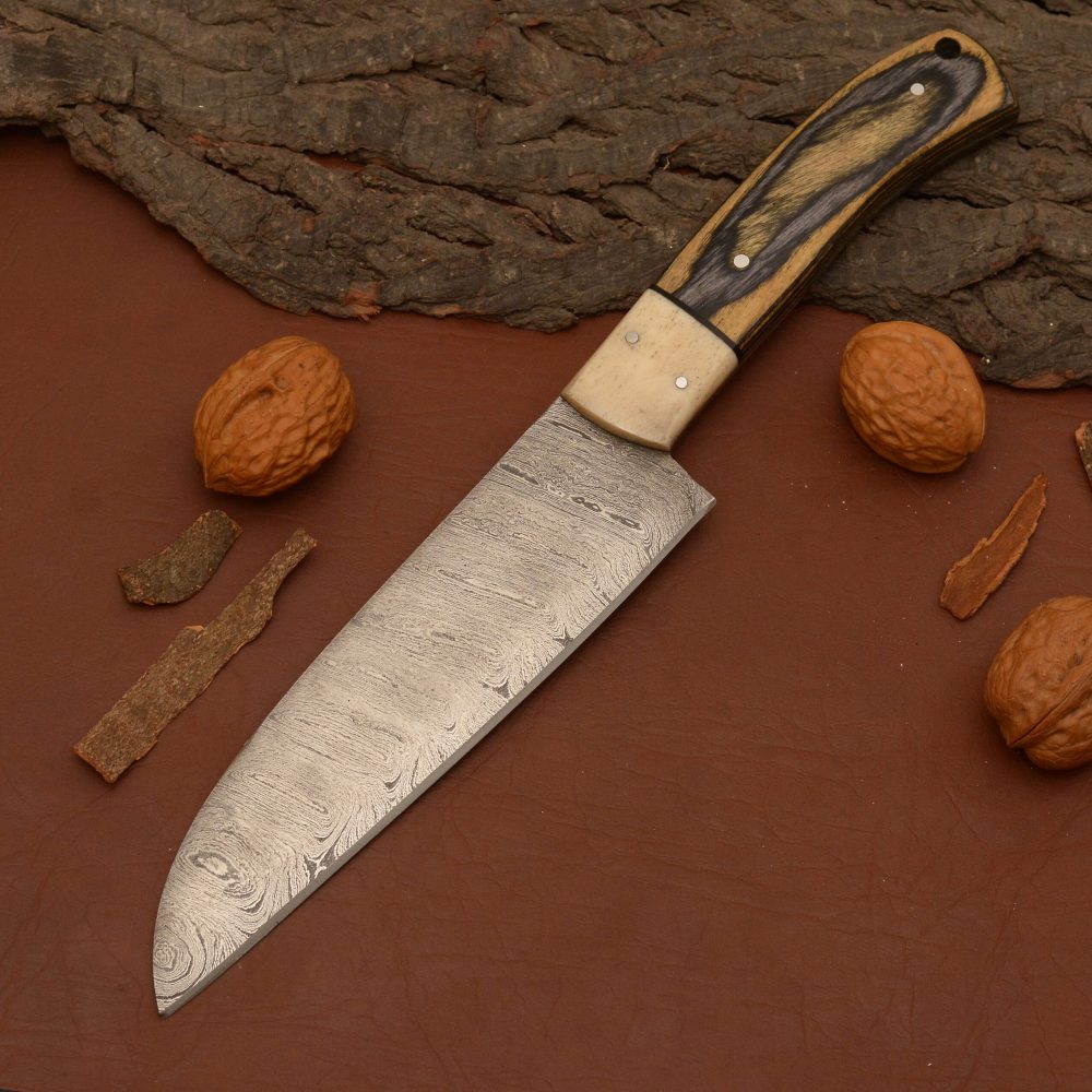 Chef Knife Damascus Steel + Leather Sheath