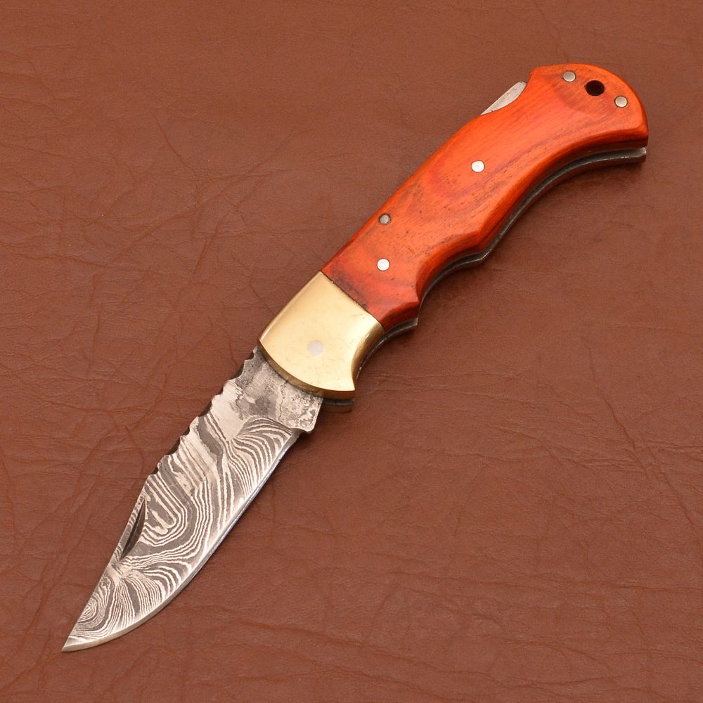 Folding Knife Pakka Wood Handle + Leather Sheath